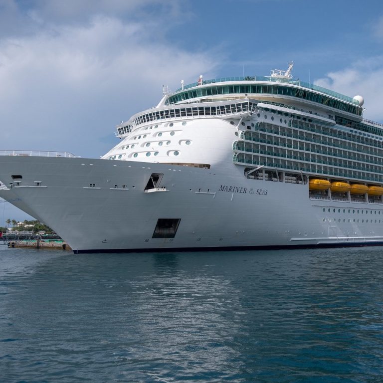 Ein großes Kreuzfahrtschiff liegt im Hafen, umgeben von klarem Wasser und Himmel.