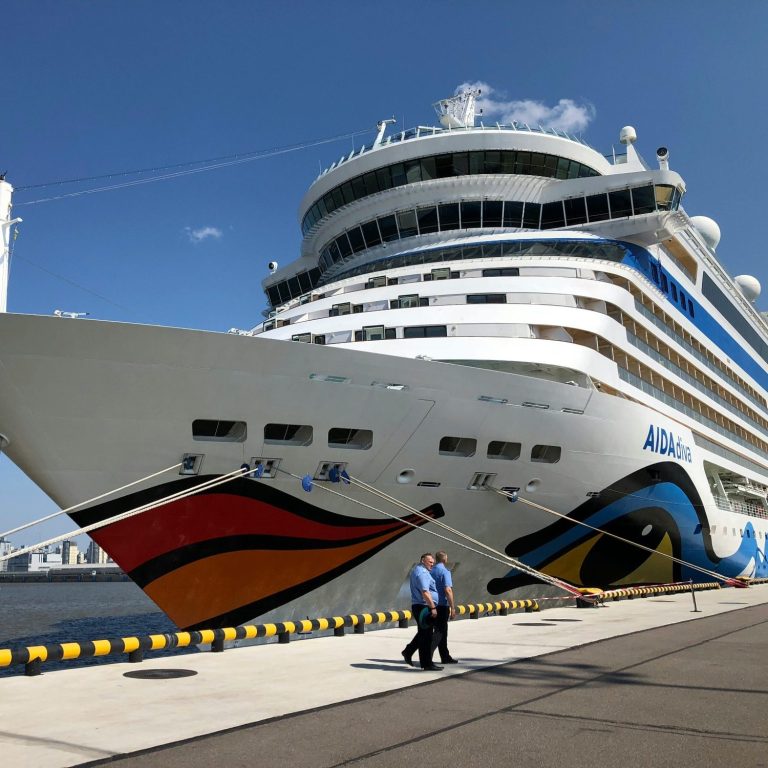 Kreuzfahrtschiff an einem Kai mit Menschen im Vordergrund.