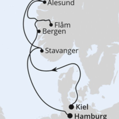 Karte mit Reiseroute von Kiel über Hamburg nach Stavanger, Bergen, Flåm und Ålesund.