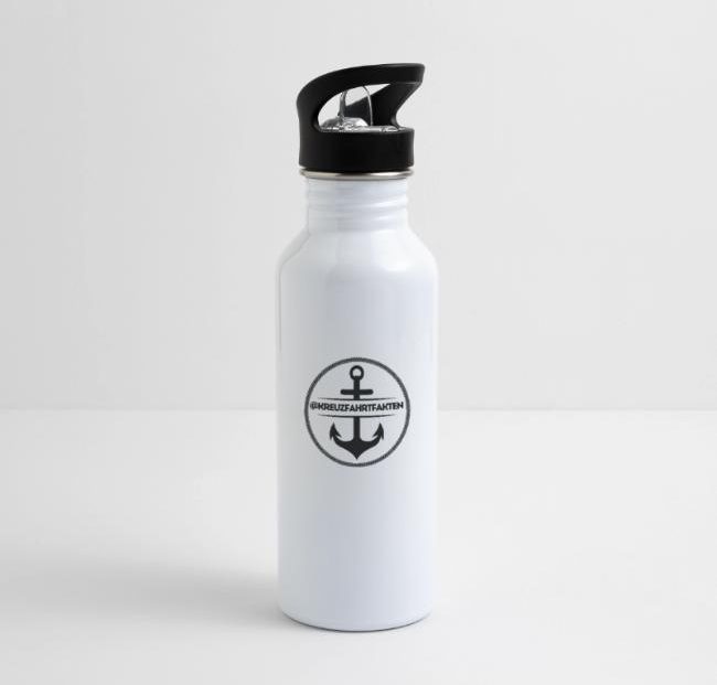 Weiße Wasserflasche mit schwarzem Deckel und Anker-Logo.