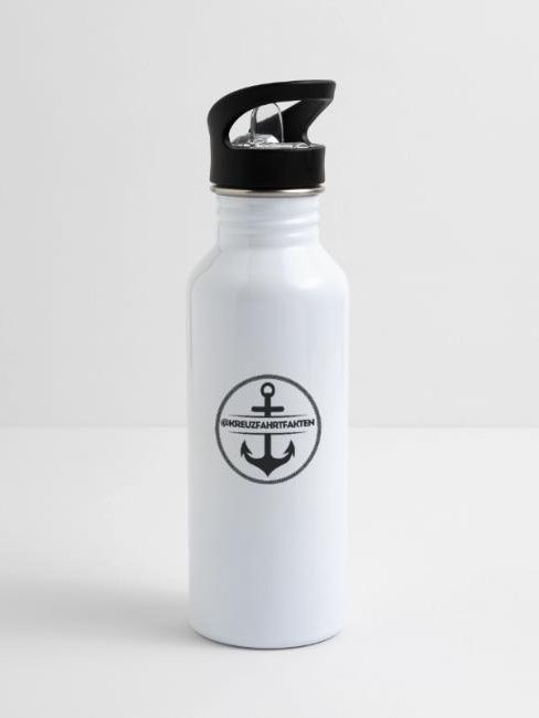 Weißer Trinkbehälter mit schwarzem Deckel und nautischem Anker-Logo.