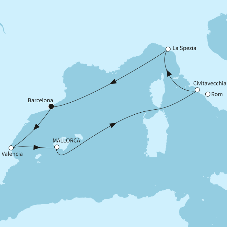 Karte einer Reiseroute im westlichen Mittelmeer mit Städten wie Barcelona und Rom.