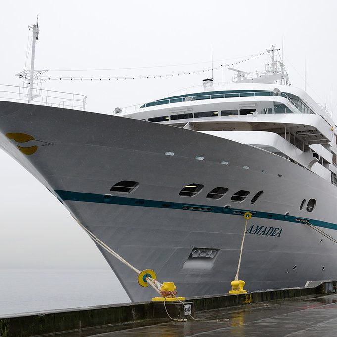 Ein großes, modernes Kreuzfahrtschiff an einem Hafen, umgeben von Nebel.